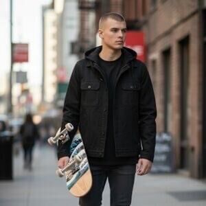 Vans Black Precept Hooded Trucker Jacket Sz Sm Y2K Skater Goth GORPCORE